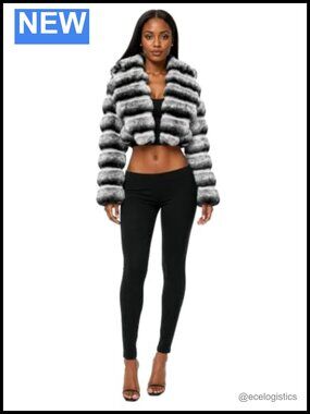 Women's Cropped Faux Fur Jacket Chinchilla Puffer Style Winter Outerwear